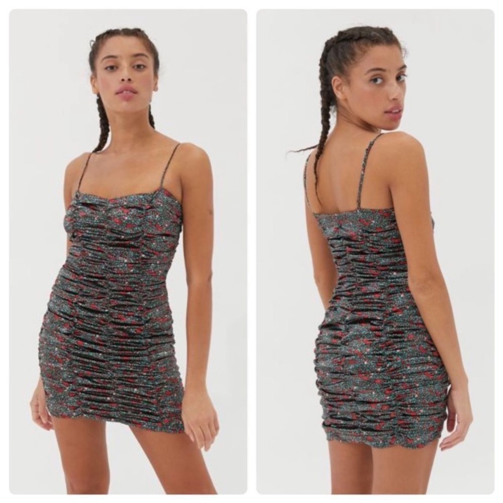 Urban Outfitters Iris Satin Ruched Mini Dress Black Rose Detail Medium